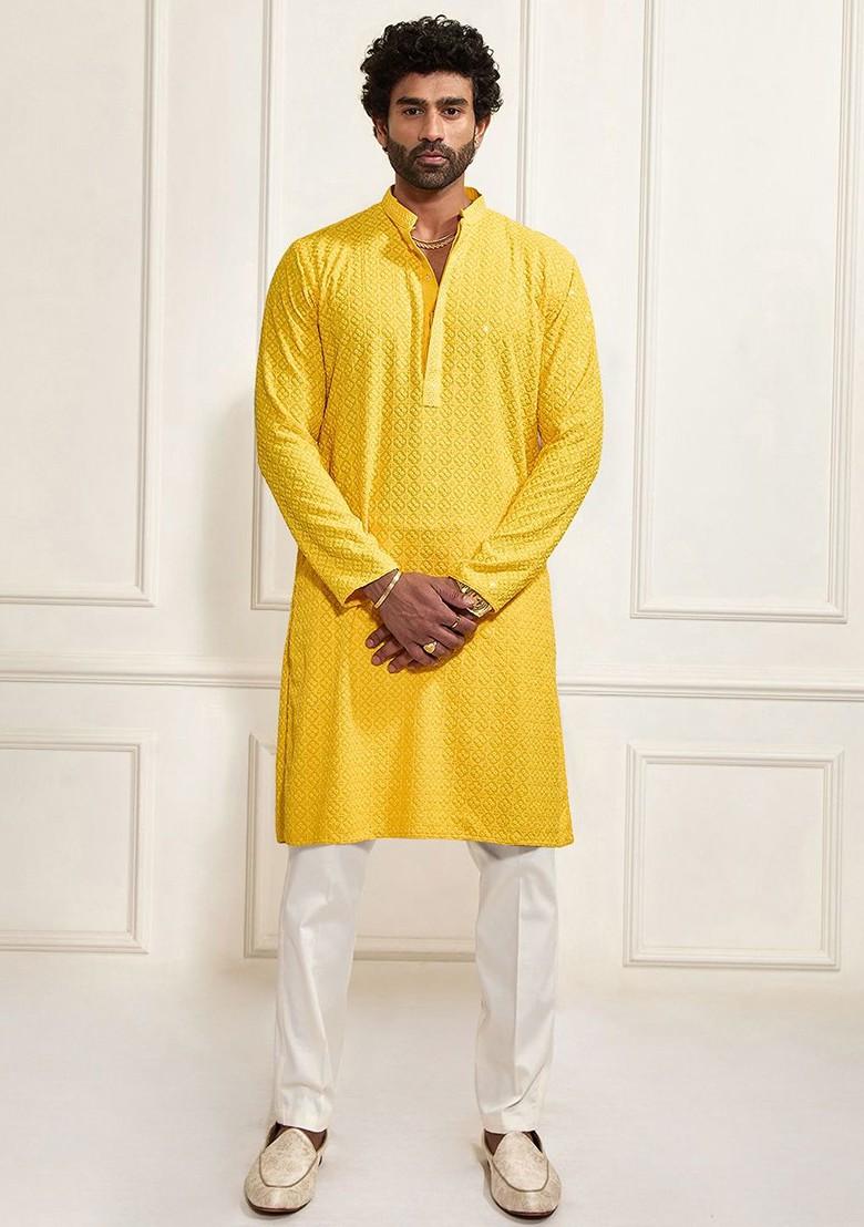 Yellow Floral Print Poly Blend Kurta Set For Men