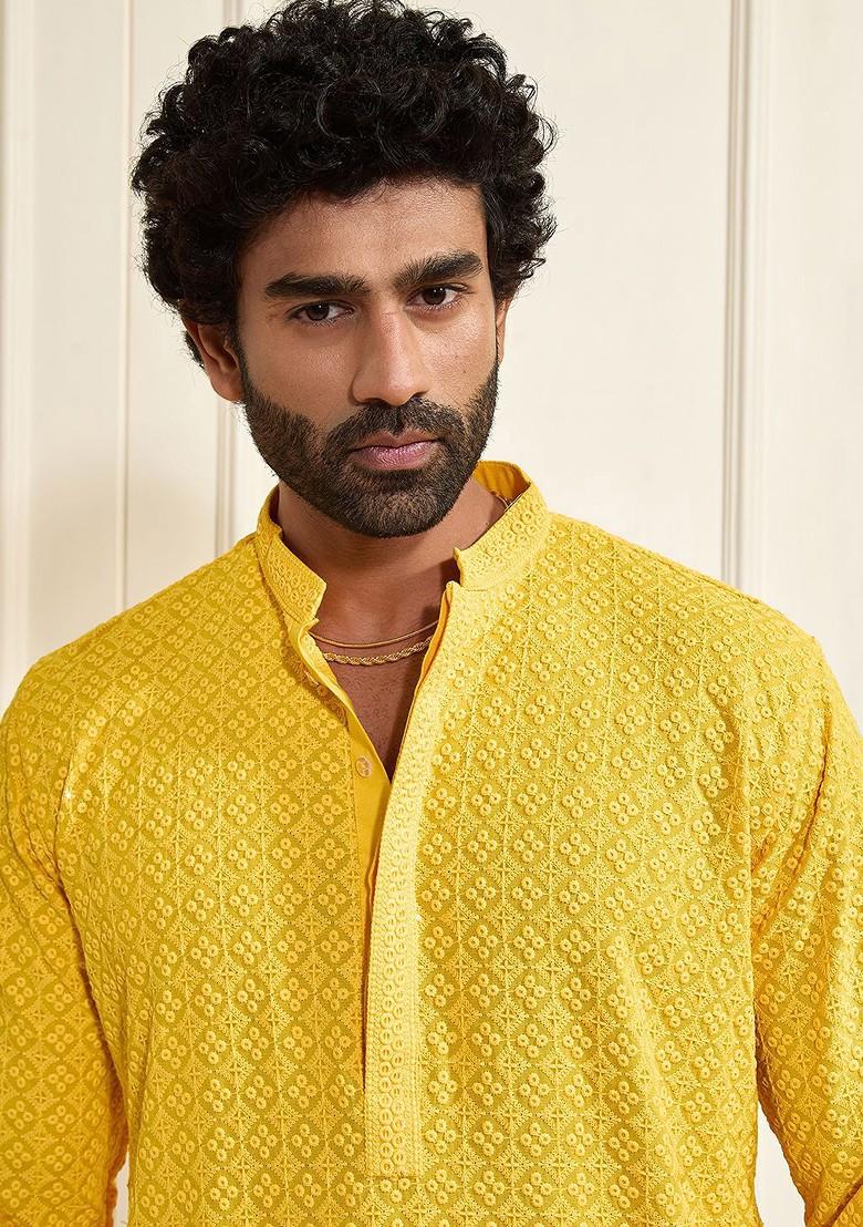 Yellow Floral Print Poly Blend Kurta Set For Men