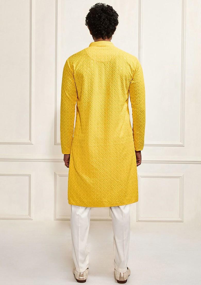 Yellow Floral Print Poly Blend Kurta Set For Men