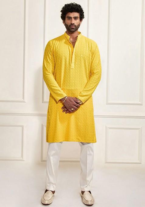 Yellow Floral Print Poly Blend Kurta Set For Men