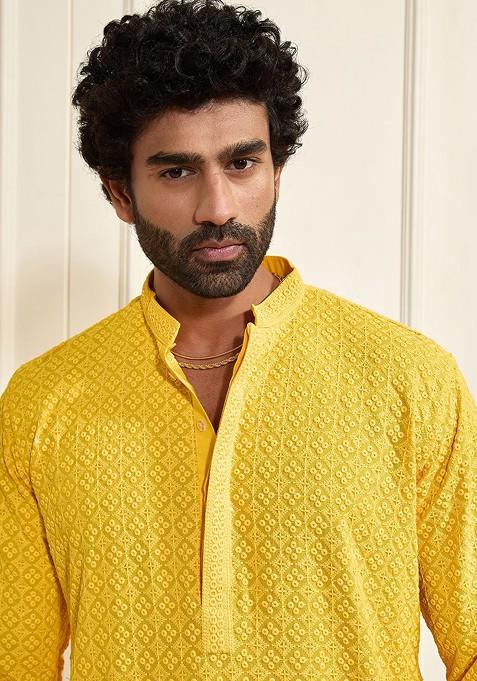 Yellow Floral Print Poly Blend Kurta Set For Men