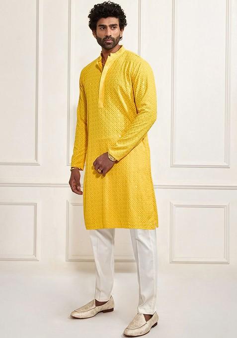 Yellow Floral Print Poly Blend Kurta Set For Men