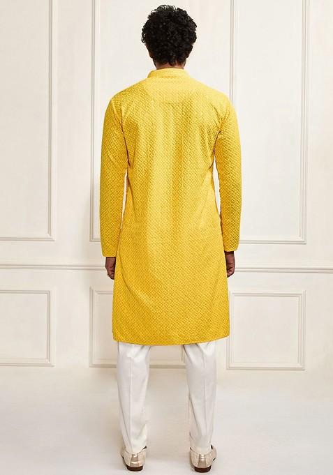 Yellow Floral Print Poly Blend Kurta Set For Men