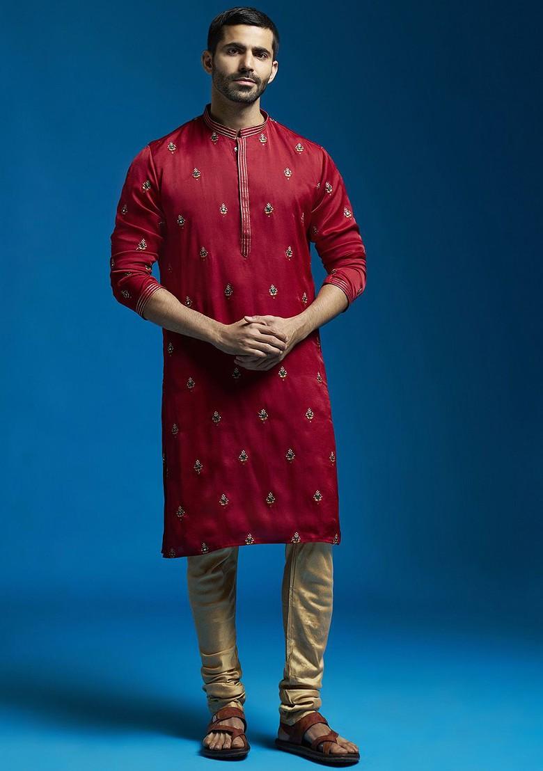 Maroon Floral Print Poly Blend Kurta Set For Men
