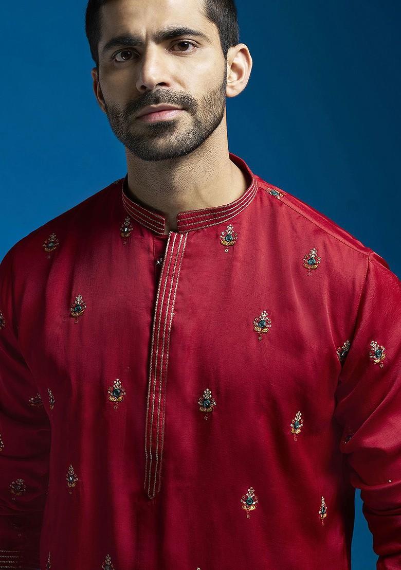 Maroon Floral Print Poly Blend Kurta Set For Men