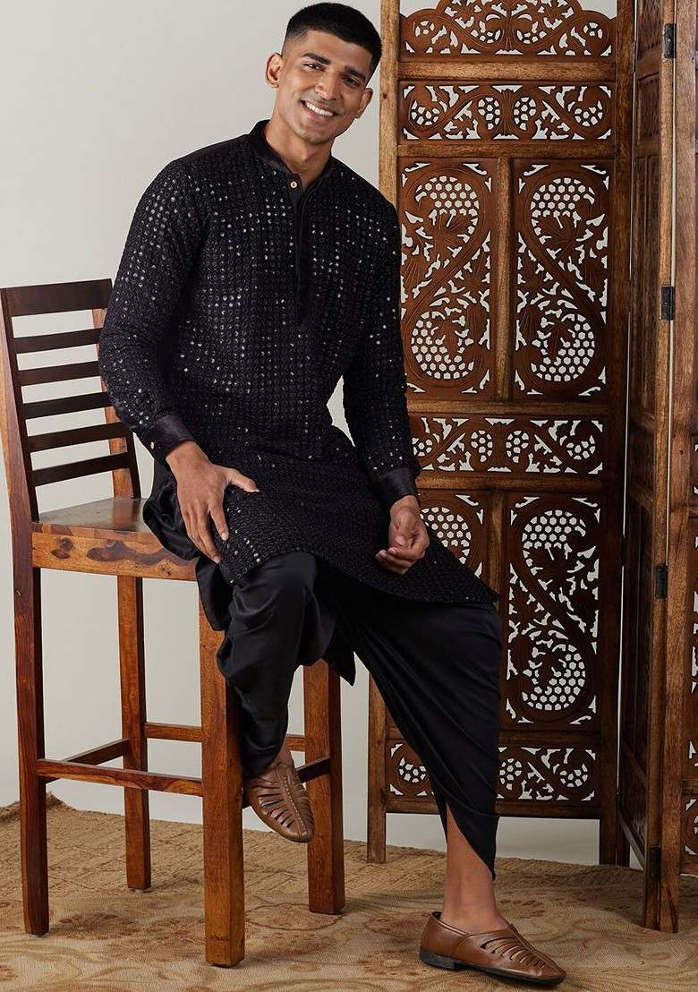 Black Ethnic Motifs Poly Blend Kurta Set For Men - Indya