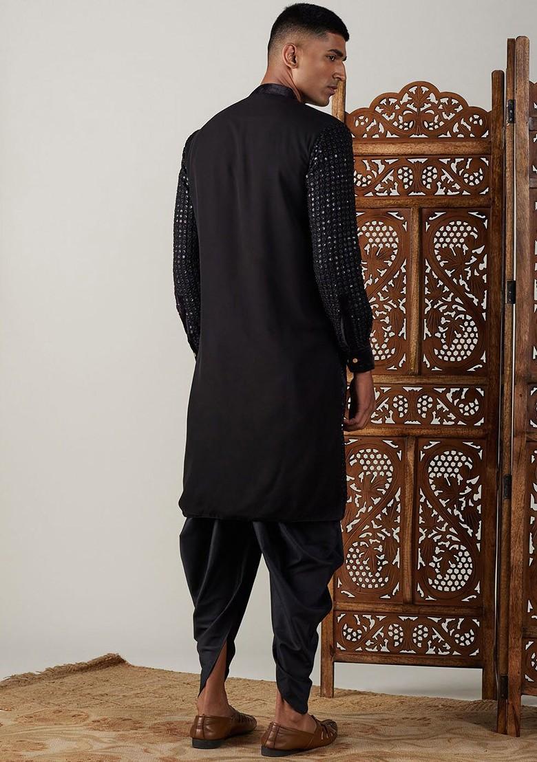 Black Ethnic Motifs Poly Blend Kurta Set For Men