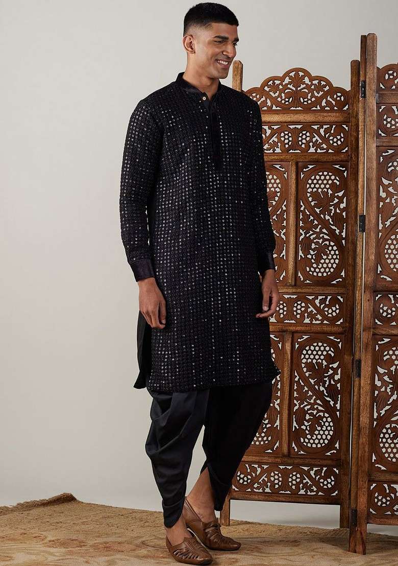 Black Ethnic Motifs Poly Blend Kurta Set For Men - Indya
