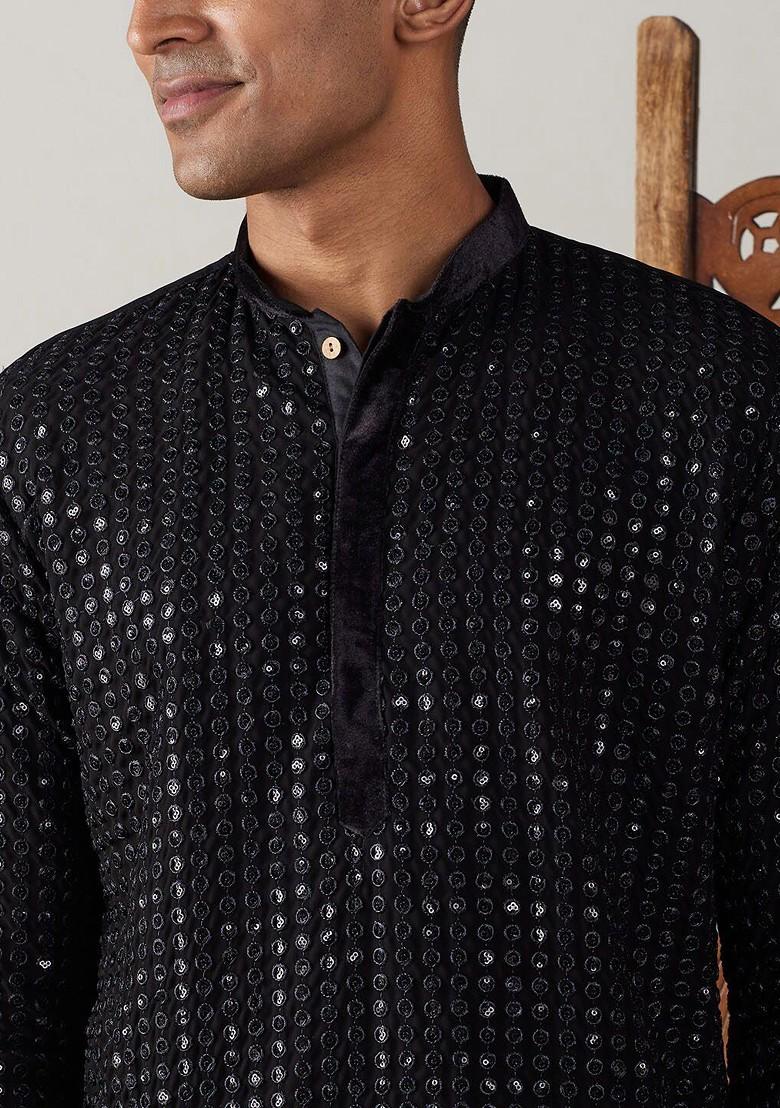 Black Ethnic Motifs Poly Blend Kurta Set For Men