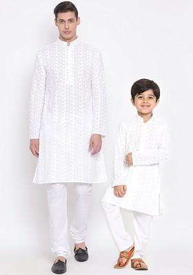 White Embroidered Poly Blend Kurta Set For Men