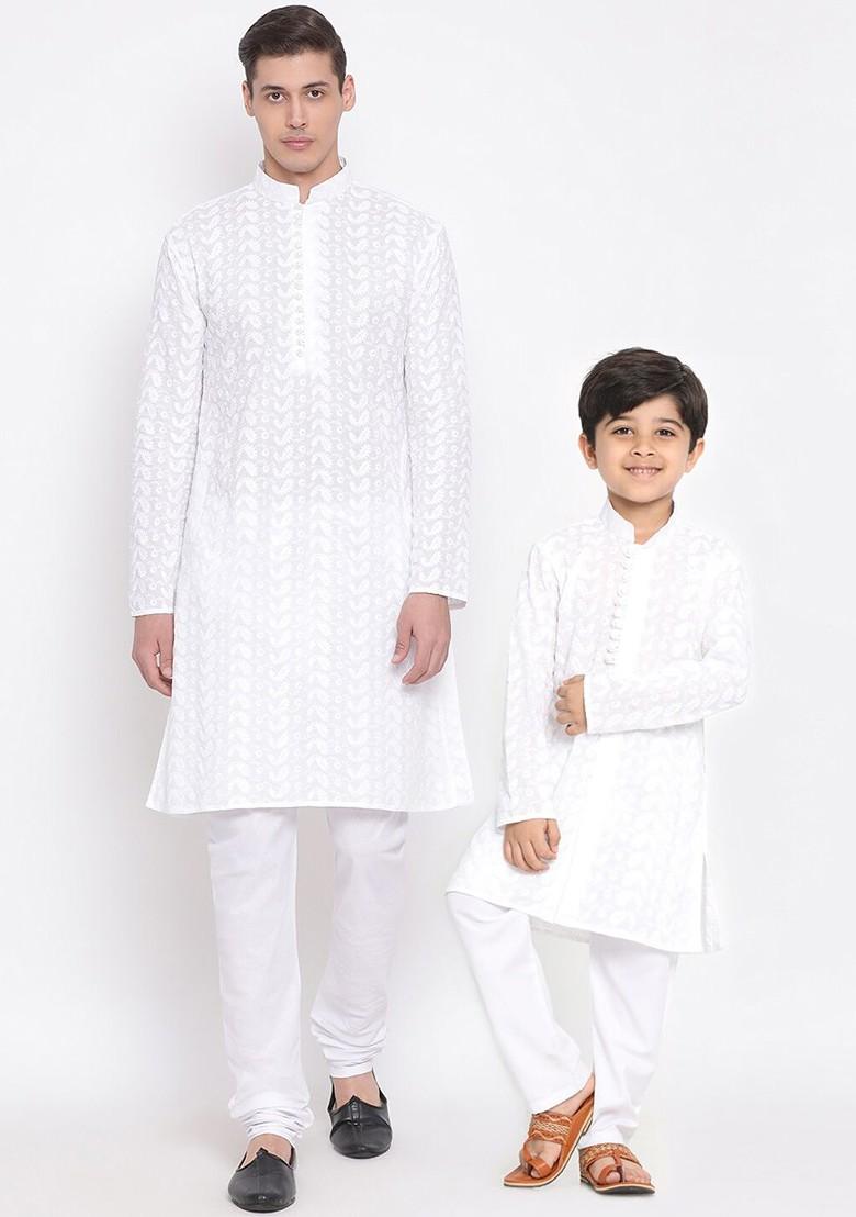 White Embroidered Poly Blend Kurta Set For Men