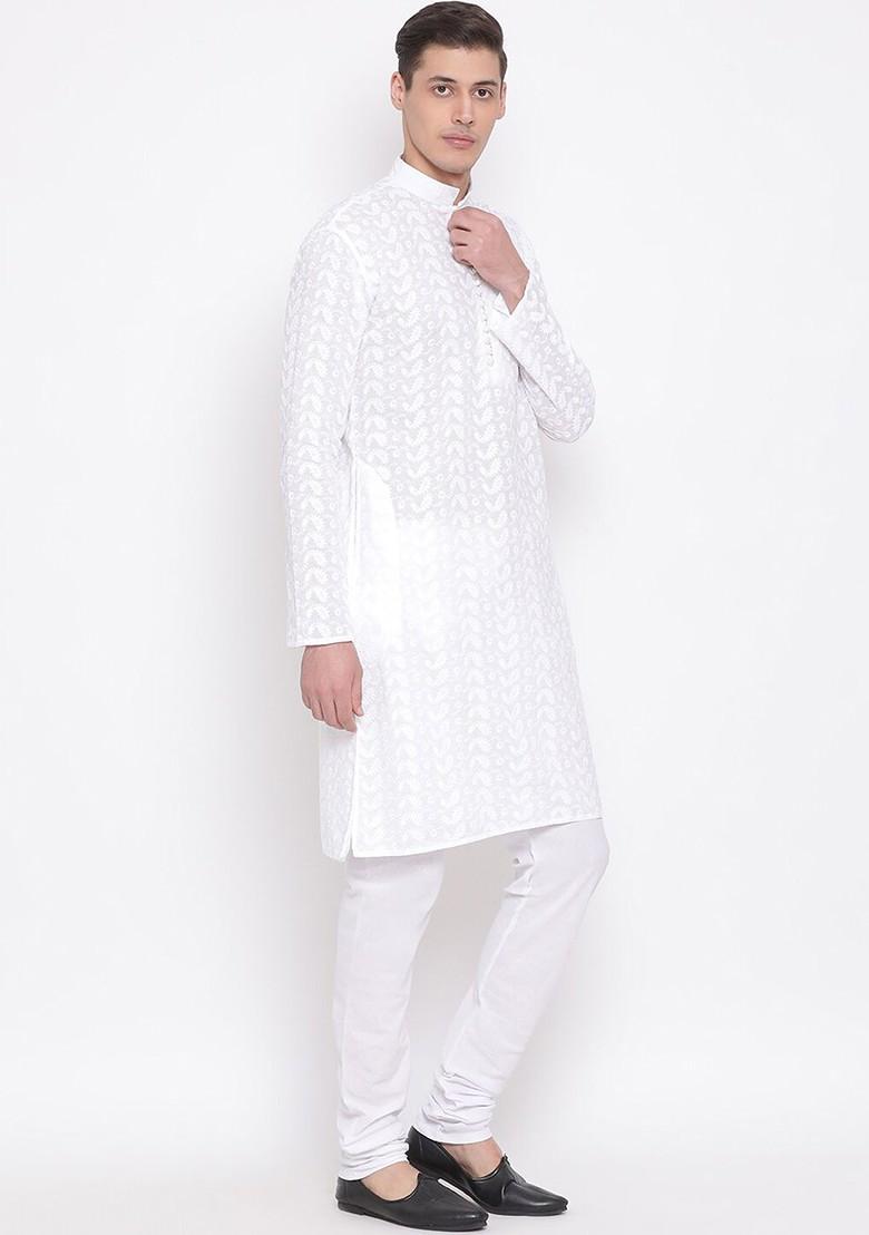 White Embroidered Poly Blend Kurta Set For Men