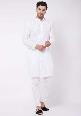 White Embroidered Cotton Kurta Set For Men