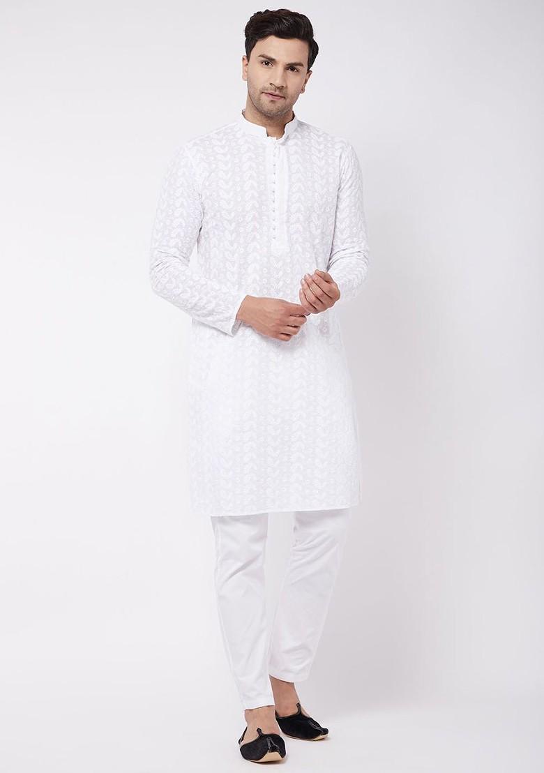 White Embroidered Cotton Kurta Set For Men