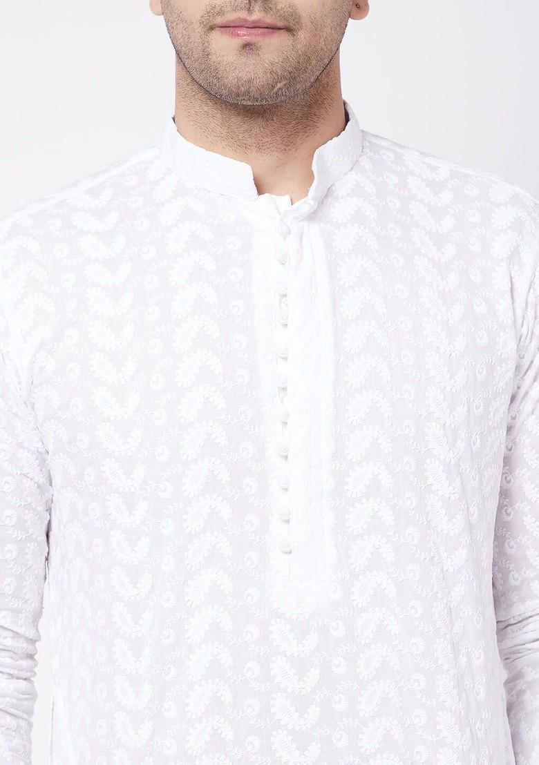 White Embroidered Cotton Kurta Set For Men