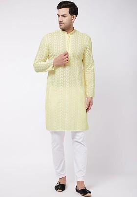 Yellow Solid Cotton Kurta Set For Men