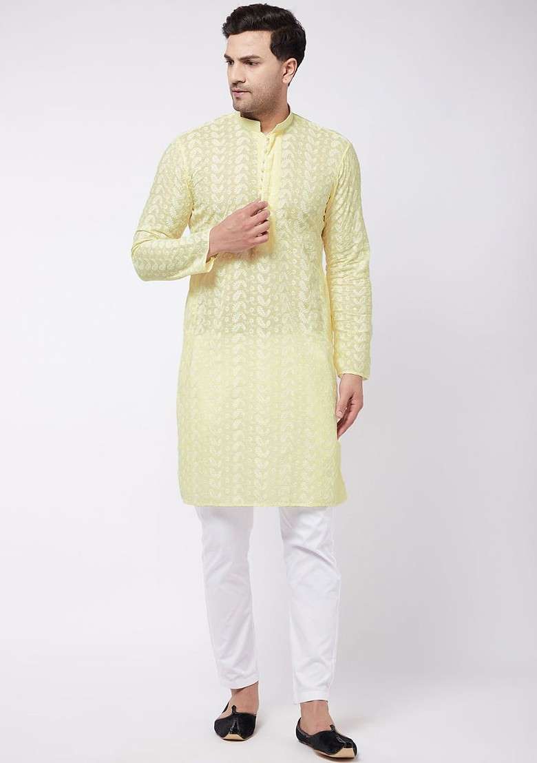 Yellow Solid Cotton Kurta Set For Men - Indya