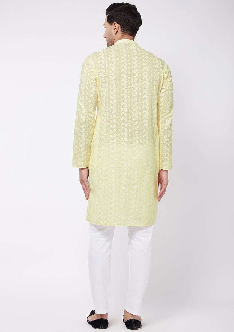 Yellow Solid Cotton Kurta Set For Men - Indya