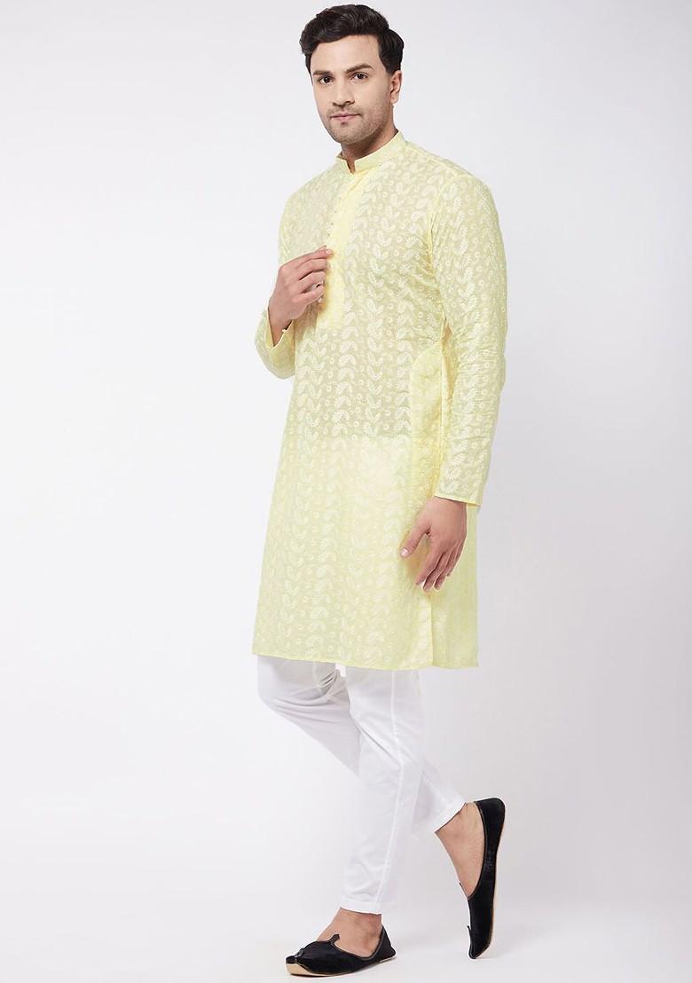 Yellow Solid Cotton Kurta Set For Men