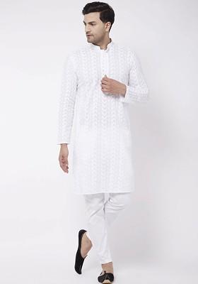 White Solid Cotton Kurta Set For Men