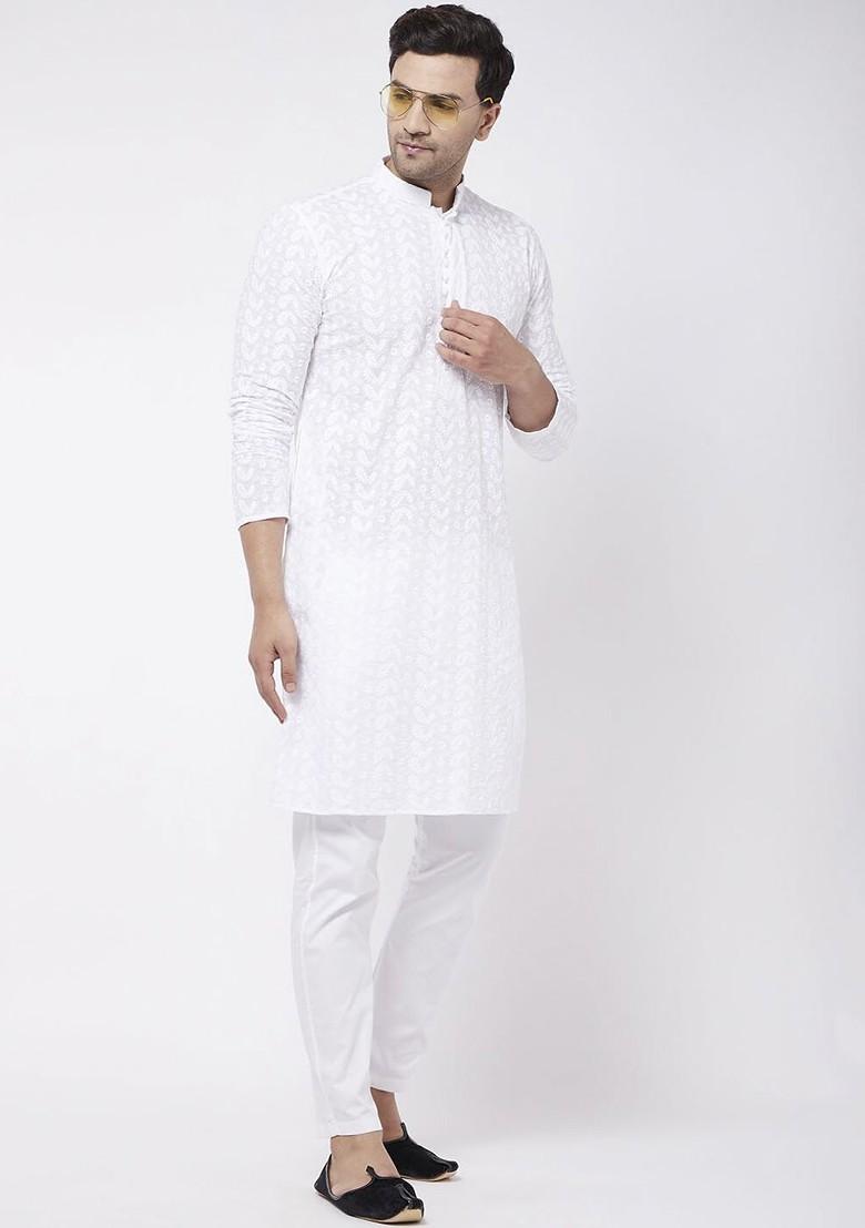 White Solid Cotton Kurta Set For Men
