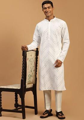 Off White Embroidered Poly Blend Kurta Set For Men