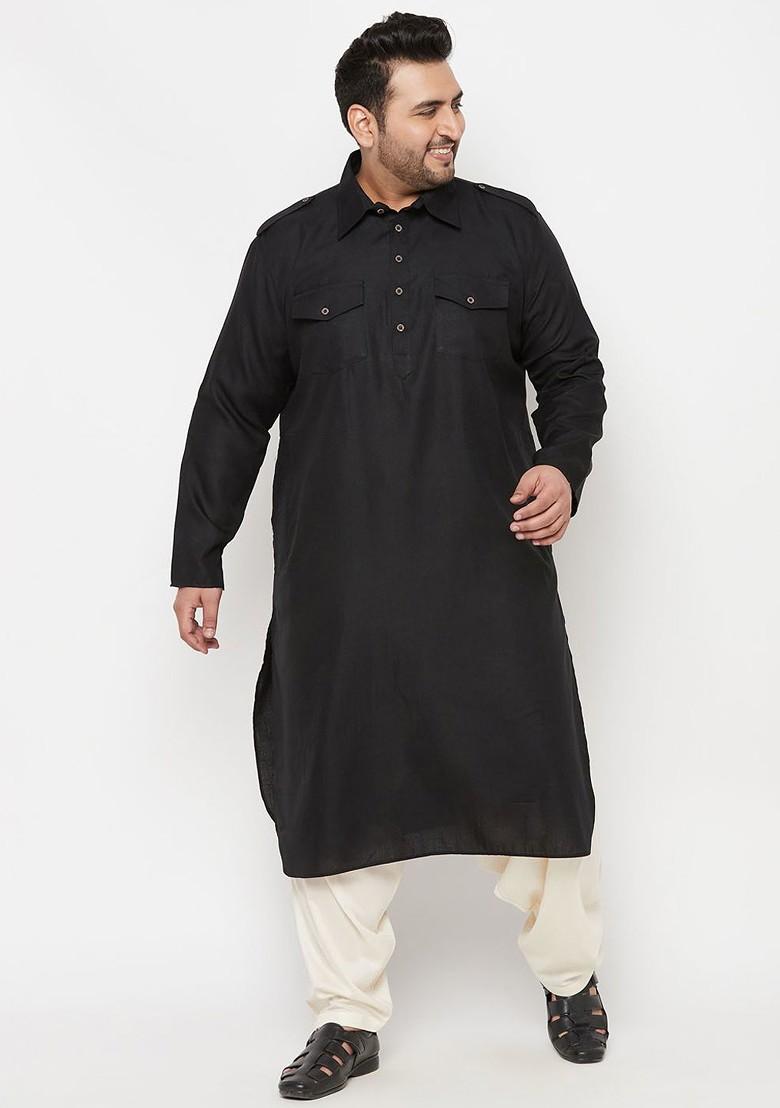 Black Solid Pathani Kurta Set For Men