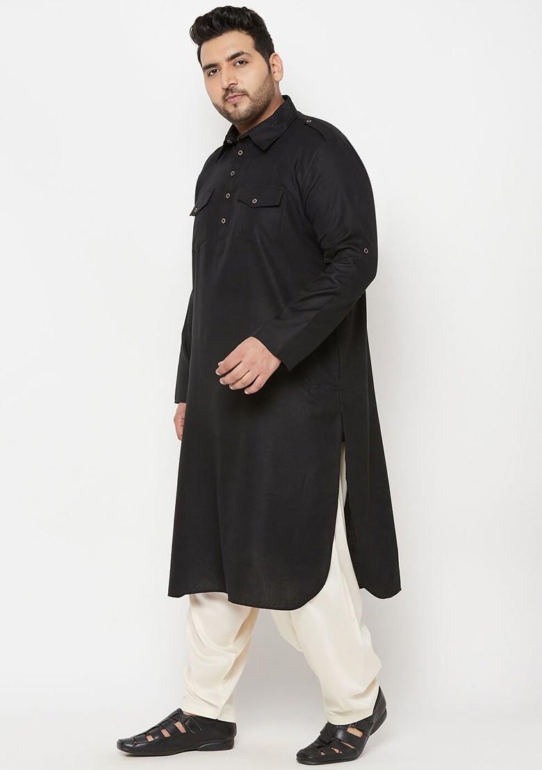 Black Solid Pathani Kurta Set For Men