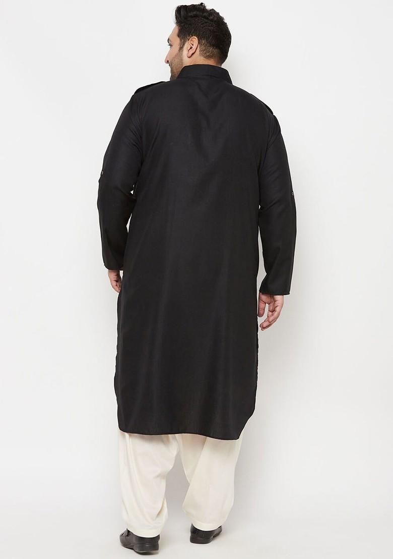 Black Solid Pathani Kurta Set For Men