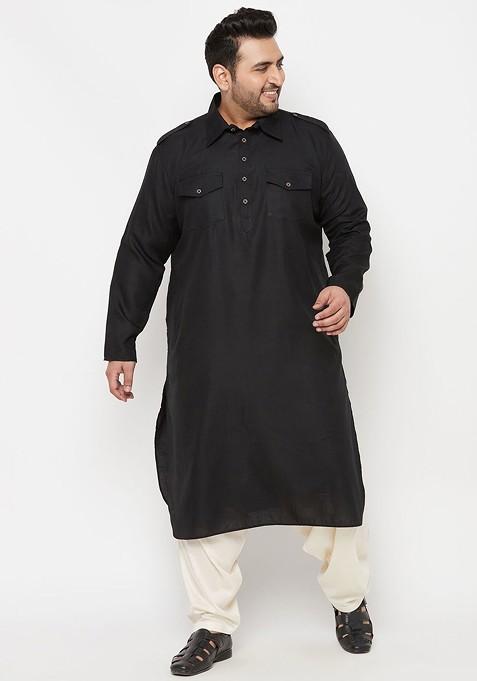 Black Solid Pathani Kurta Set For Men