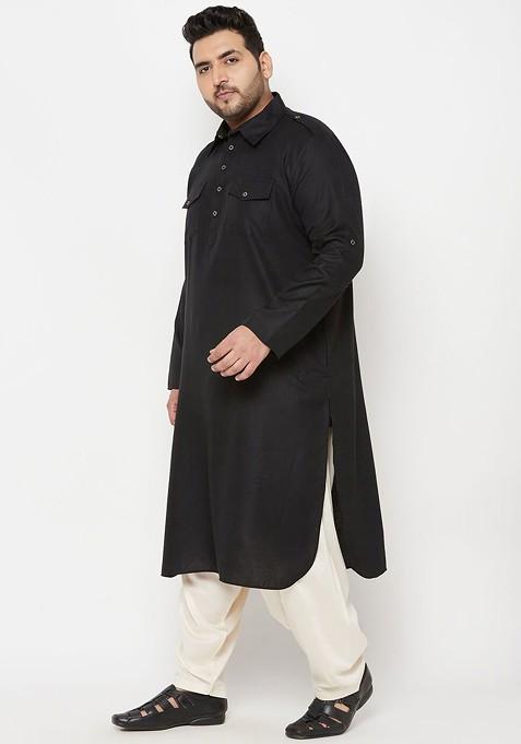 Black Solid Pathani Kurta Set For Men