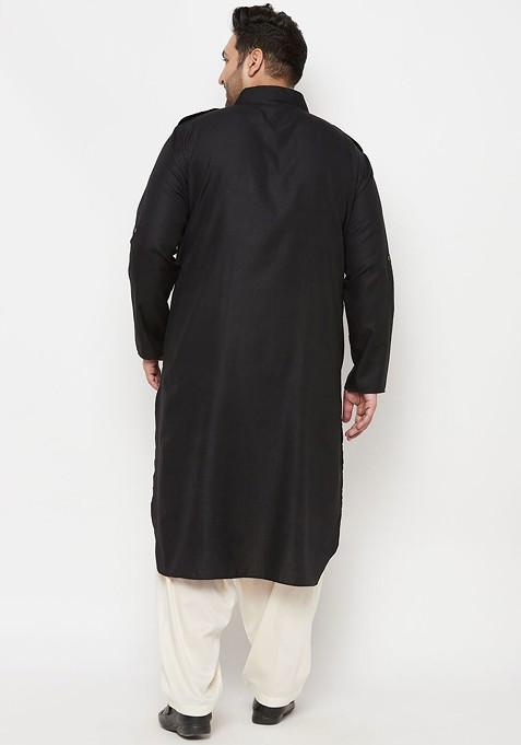 Black Solid Pathani Kurta Set For Men