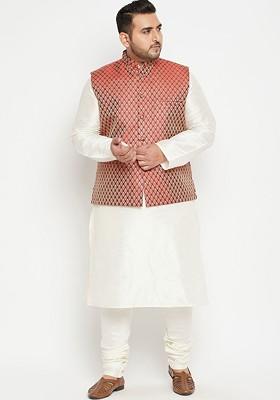 Cream Woven Poly Blend Kurta Set For Men