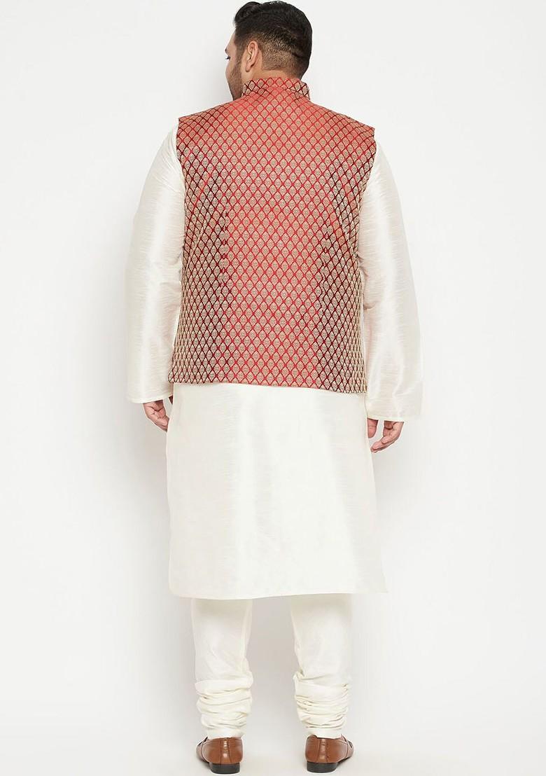 Cream Woven Poly Blend Kurta Set For Men