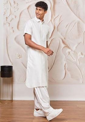 White Embroidered Poly Blend Kurta Set For Men