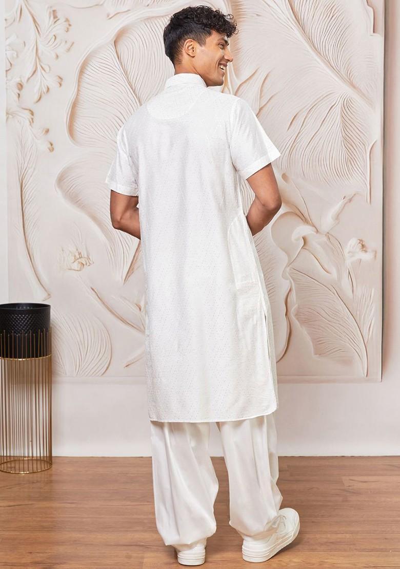 White Embroidered Poly Blend Kurta Set For Men