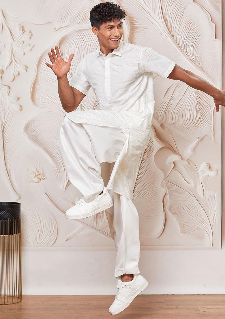 White Embroidered Poly Blend Kurta Set For Men