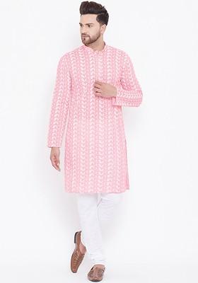 Pink Embroidered Cotton Kurta Set For Men