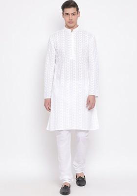 White Embroidered Cotton Kurta Set For Men