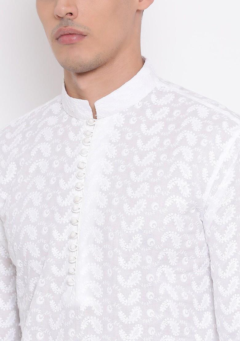 White Embroidered Cotton Kurta Set For Men