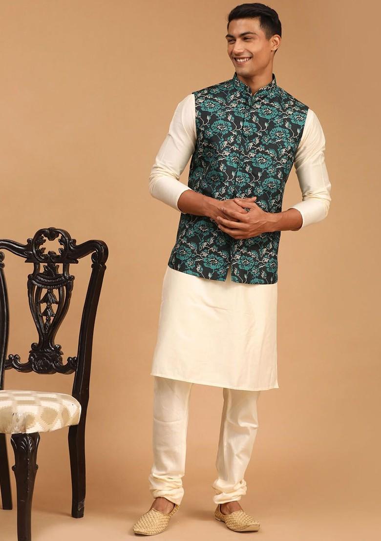 Cream Floral Print Poly Blend Kurta Set For Men