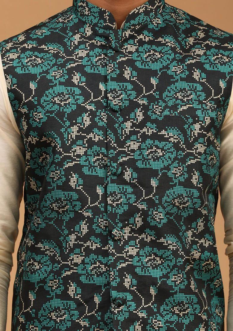 Cream Floral Print Poly Blend Kurta Set For Men