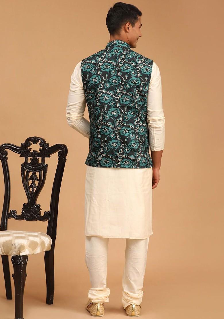 Cream Floral Print Poly Blend Kurta Set For Men