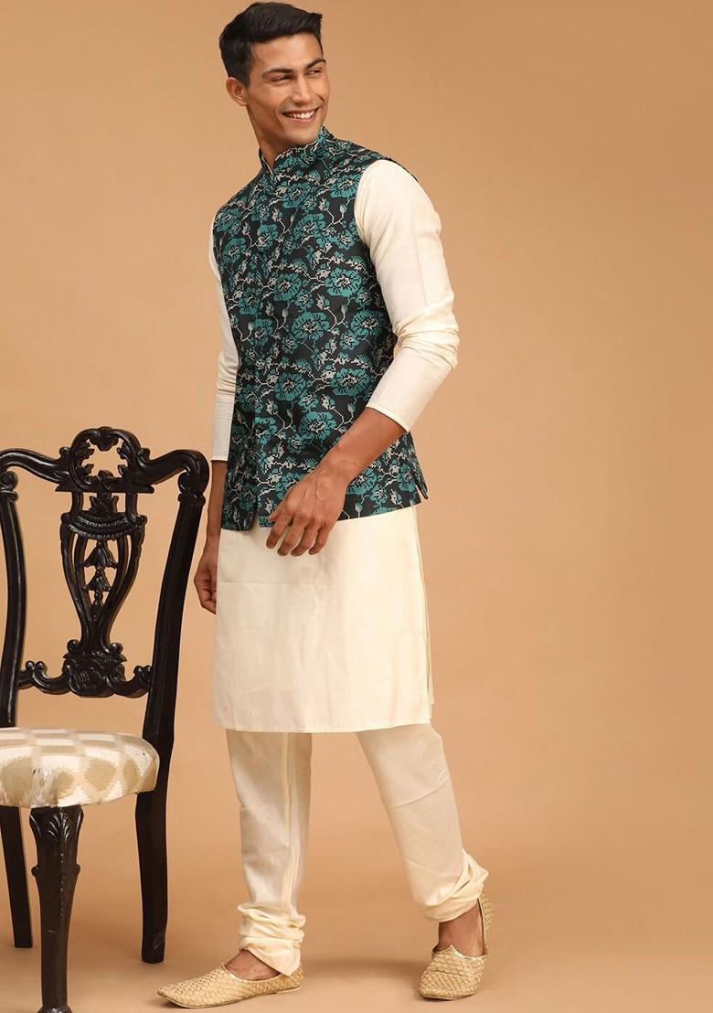 Cream Floral Print Poly Blend Kurta Set For Men