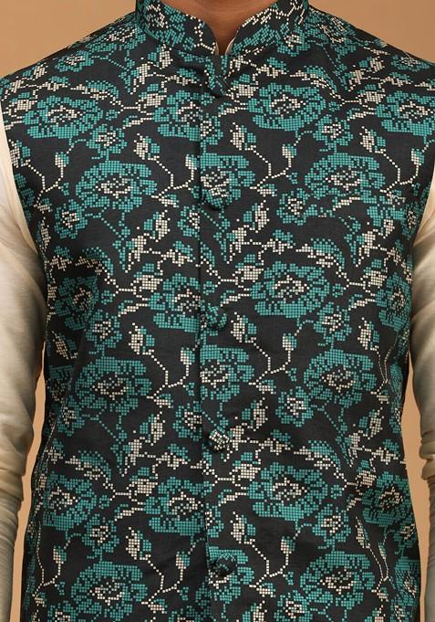 Cream Floral Print Poly Blend Kurta Set For Men