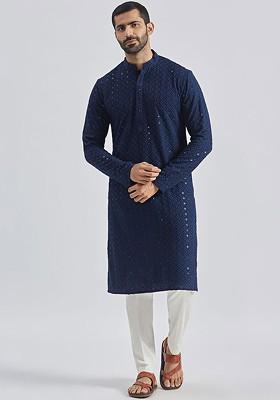 Navy Blue Floral Print Chiffon Kurta Set For Men
