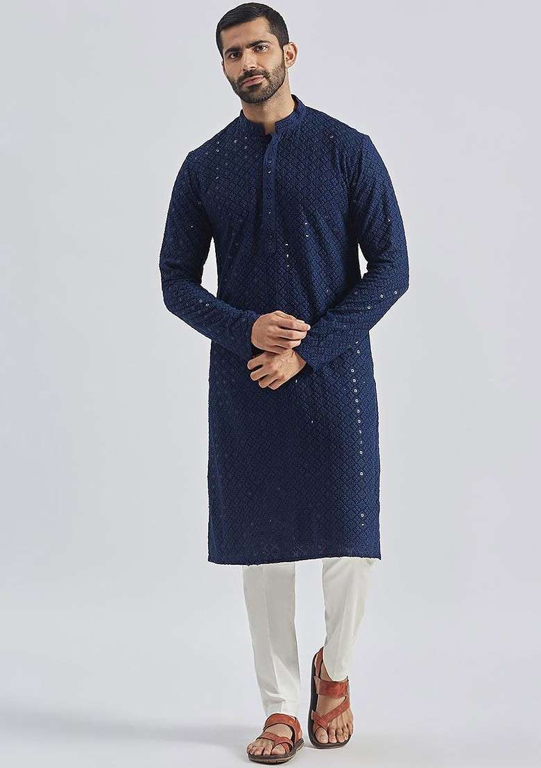 Navy Blue Floral Print Chiffon Kurta Set For Men - Indya