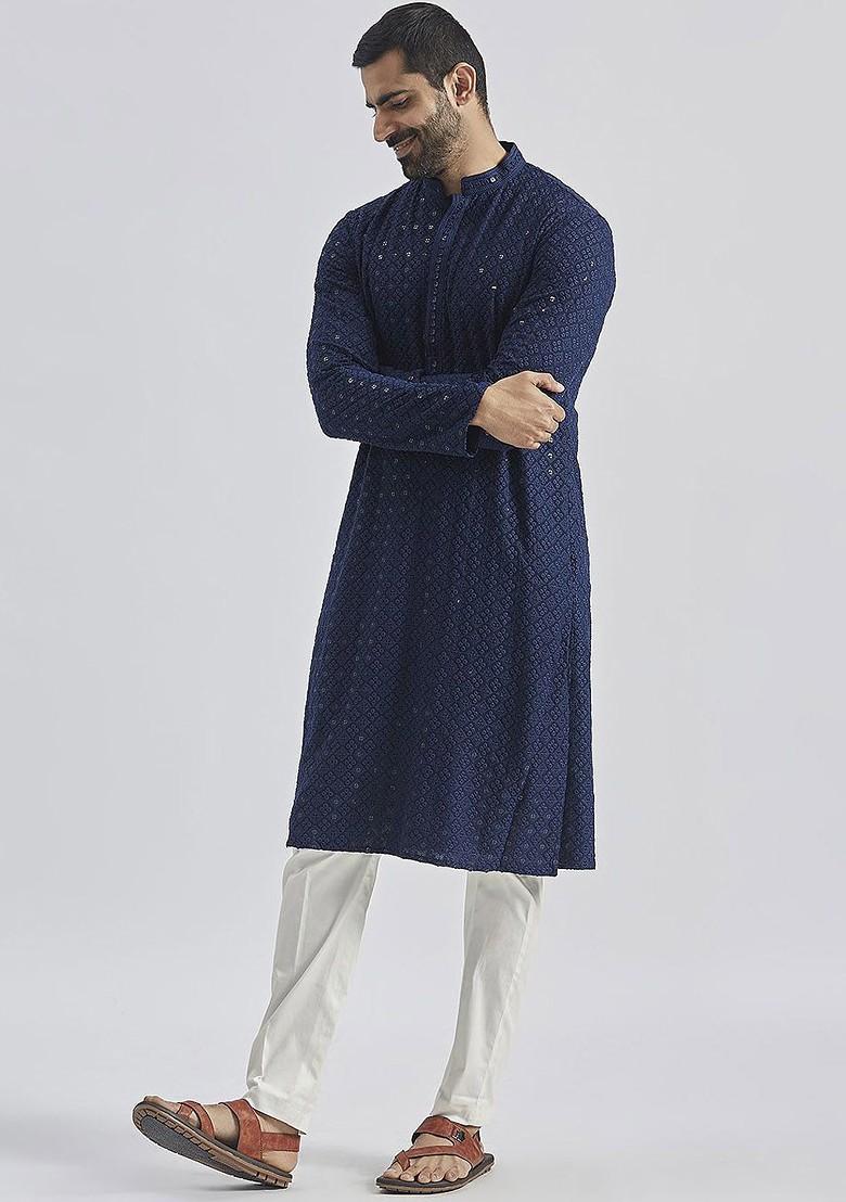 Navy Blue Floral Print Chiffon Kurta Set For Men