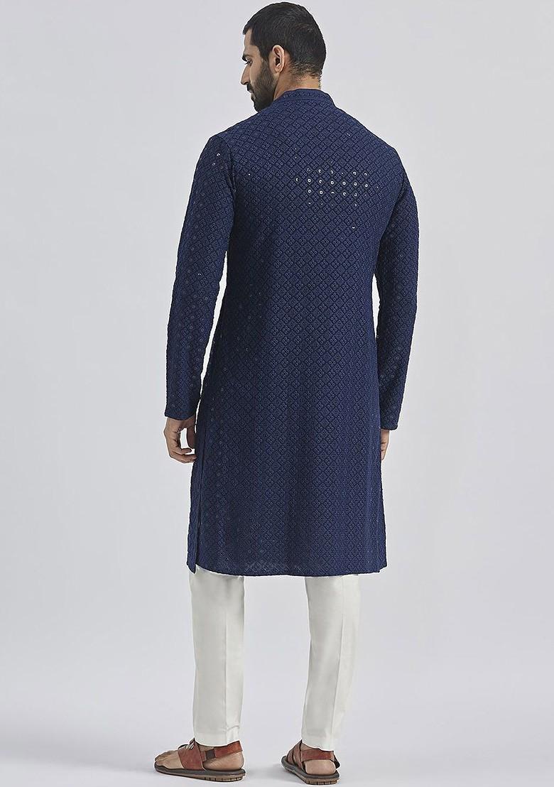 Navy Blue Floral Print Chiffon Kurta Set For Men