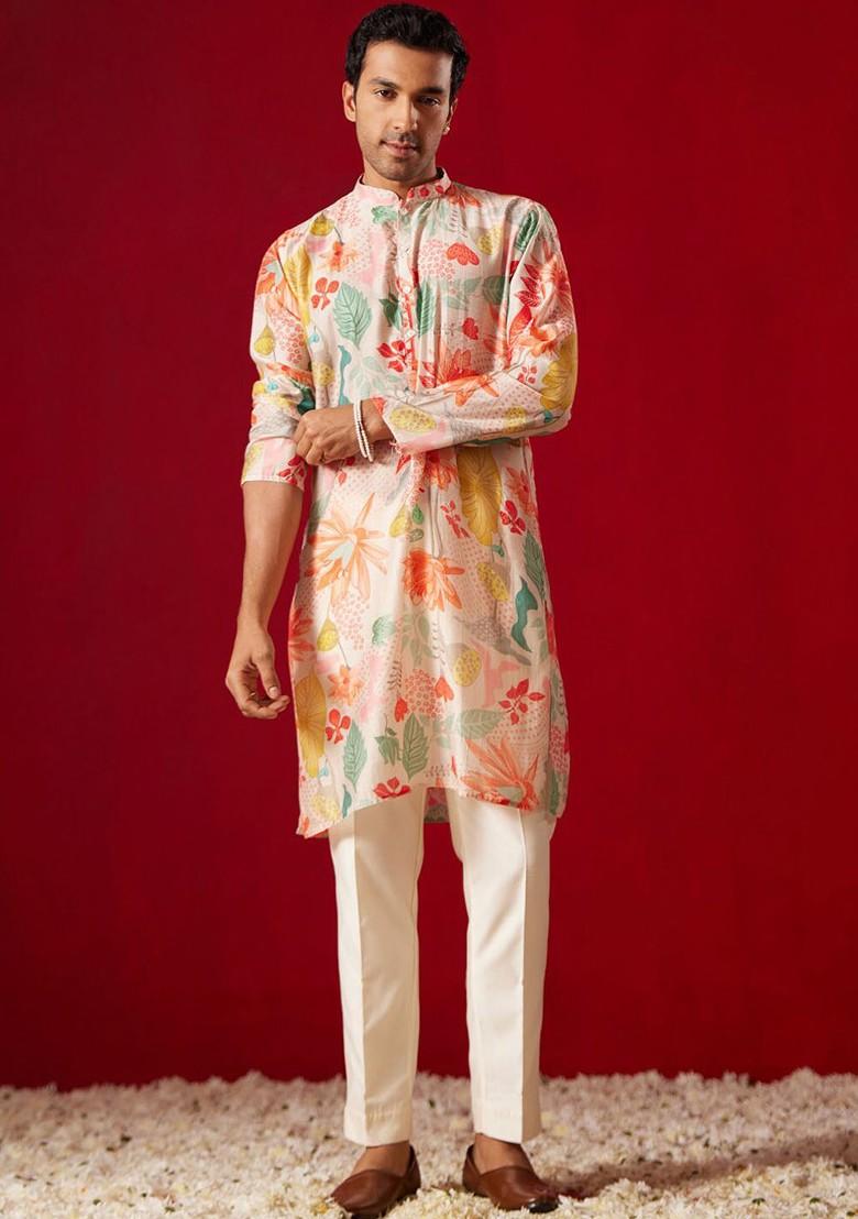 Pink Floral Print Poly Blend Kurta Set For Men